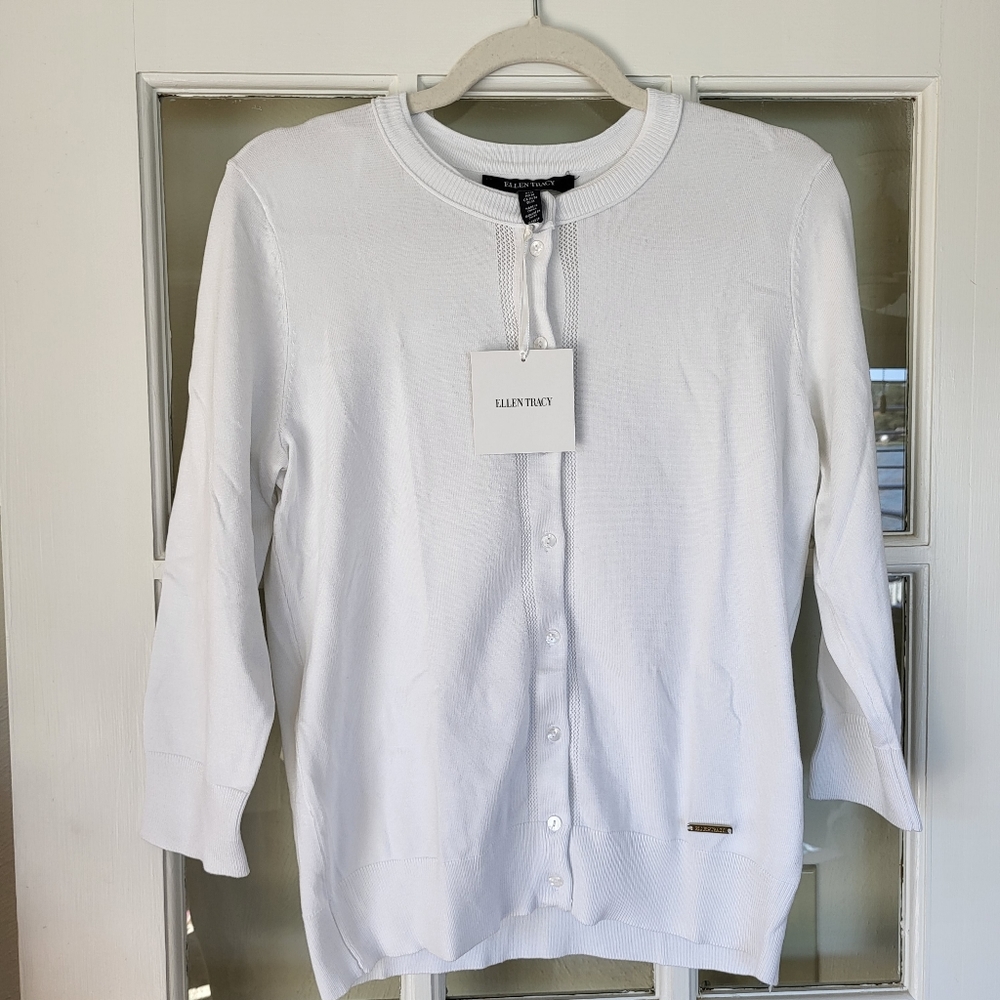 NWT Ellen Tracy Button Down White ¾ Sleeve Cardigan Sweater